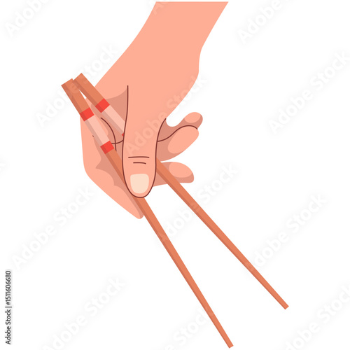 Hand Holding Chopsticks. Hands holding chopstick for eat asian seafood, japanese chop stick japan chinese sushi food eating tool in arm, oriental cartoon neat vector illustration. Set of Hand holding 