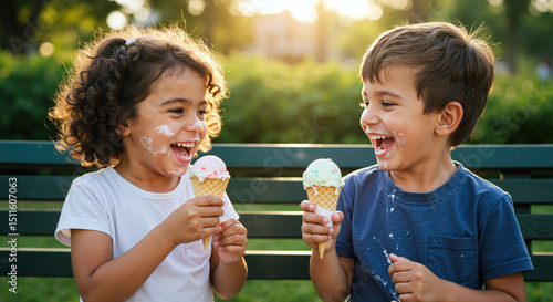 Fototapeta Naklejka Na Ścianę i Meble -  Two children laughing while eating ice cream cones on park bench with messy faces. Girl and boy enjoying vanilla dessert outdoors. Summer friendship and sweet treats concept. Dairy sale
