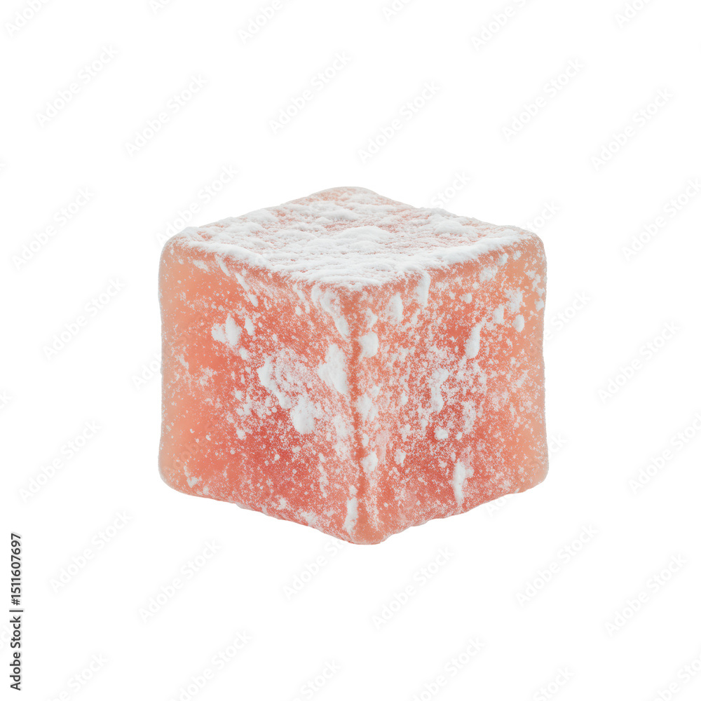 Fototapeta premium Ultra realistic Turkish Delight cube, dusted with powdered sugar, with clear contours and no shadows on a transparent background, slightly high angle shot. Concept for confectionery