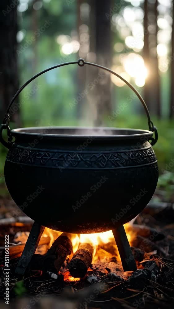 Black cast iron cauldron cooking over an open wood fire in a forest setting, steam rising in natural sunlight, food preparation outdoors Black cast iron cauldron cooking over an open wood fire in a forest setting, steam rising in natural sunlight, food preparation outdoors