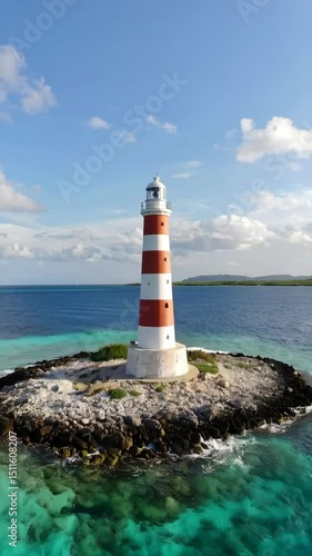Scenic lighthouse with red and white stripes standing on a rocky islet surrounded by turquoise blue ocean waters under a cloudy sky