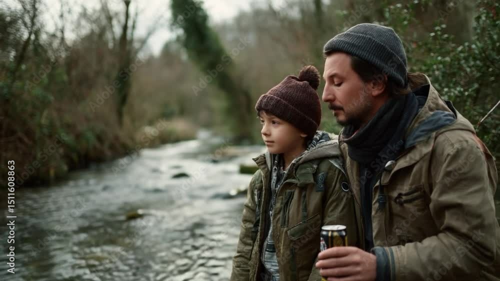 Father and Son Moments by the River: A heartwarming scene of a father and son sharing a serene moment by a tranquil river, surrounded by the beauty of nature, evoking themes of family, love. Father and Son Moments by the River: A heartwarming scene of a father and son sharing a serene moment by a tranquil river, surrounded by the beauty of nature, evoking themes of family, love.