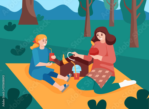 Picnic in park. A young woman and her daughter had a picnic in the park. Summer activity