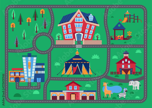 Map with road and houses, cartoon city, town, children illustration