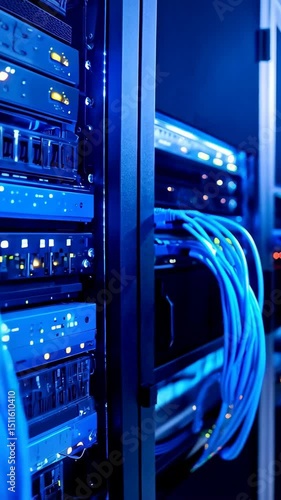 Data center equipment with blue network cables connected to server racks for fast data transfer, information technology infrastructure concept.