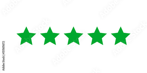 Five green pointed rate star icons. 5 green stars rating vector icon