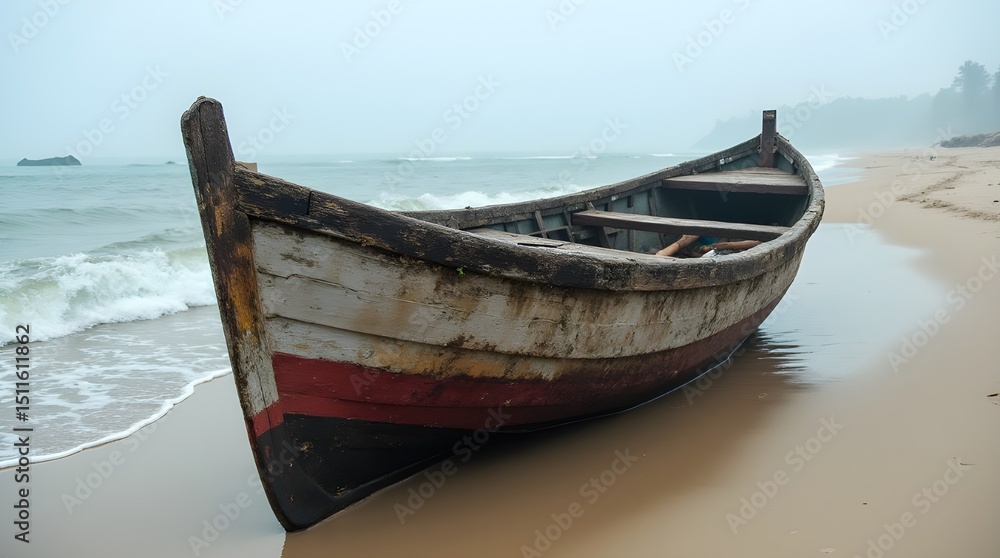Closeup of old wooden rowboat washed ashore on a tropical beach Closeup of old wooden rowboat washed ashore on a tropical beach
