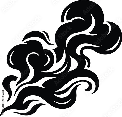 A stylized black cloud formation with swirling patterns and abstract shapes against white background silhouette