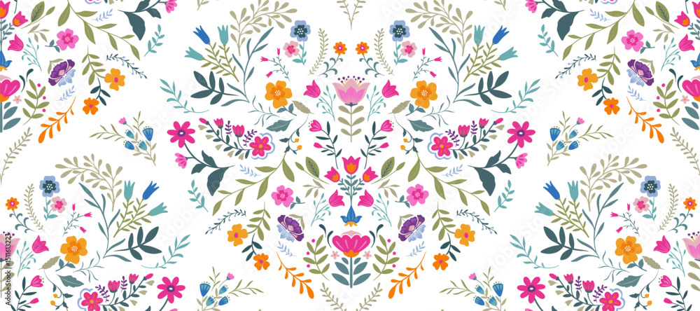 Vector seamless pattern with ornate insects, beetles, butterflies. Folk art floral natural endless background. Vector seamless pattern with ornate insects, beetles, butterflies. Folk art floral natural endless background.