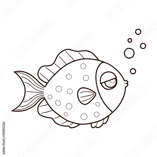 Cute Outline cartoon Fish with bubbles. Line drawing, coloring book. Vector illustration. Kids collection