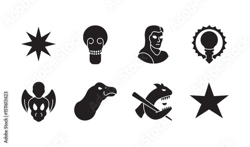 Eight unique black silhouette icon illustrations of various objects and creatures