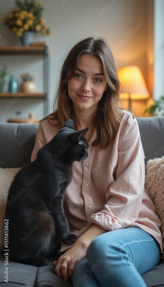 Woman with black cat enjoying cozy indoor moment Woman with black cat enjoying cozy indoor moment