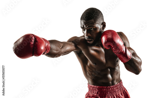 Male boxer in red gloves punching right fist on isolated background