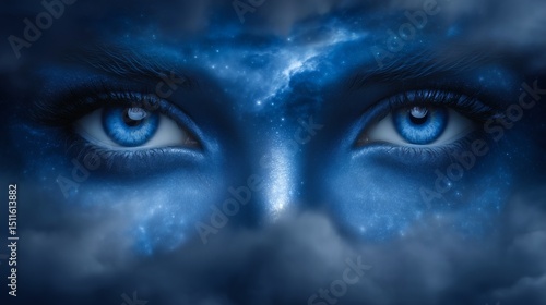 Blue eyes in galaxy-themed face, Surreal starry portrait, Concept for cosmic vision or universal awareness