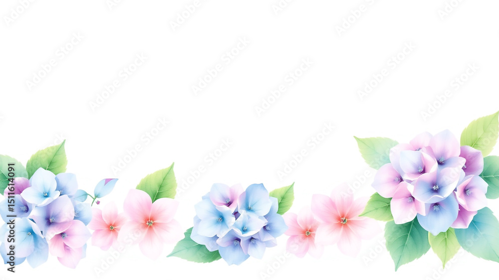 Obraz premium Watercolor hydrangea and pink flowers border background design