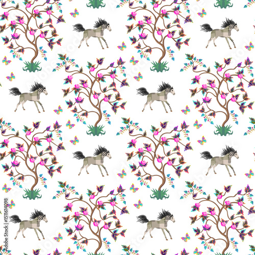 Galloping horses, blossoming trees and fluttering butterflies isolated on white background seamless spring pattern. Beautiful animal print for fabric.