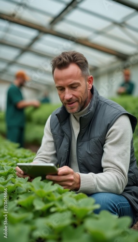 Man using tablet in lush greenhouse filled with plants
