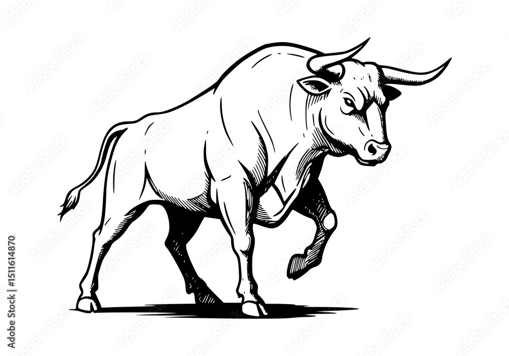 Fototapeta premium Black and white Bull Illustration.