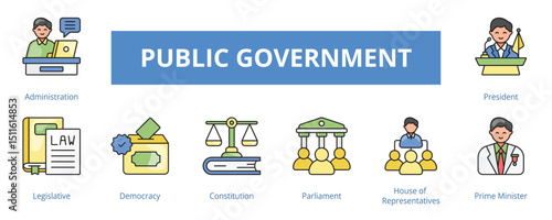 Public Government Lineal Color Banner Web Icon Set Vector Illustration, Administration Legislative Democracy Constitution Parliament House of Representative Prime Minister President