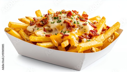 A serving of crispy golden French fries smothered