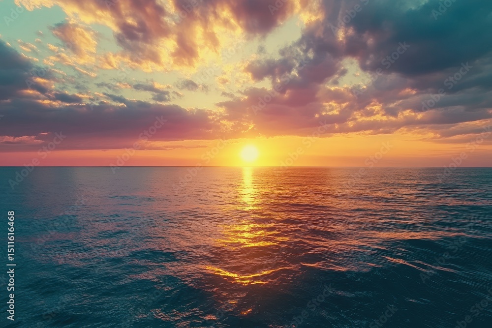 Fototapeta premium Captivating sunrise over the tranquil sea with vibrant colors reflecting on the water, the beauty of the sunrise at sea seamless time lapse virtual Photo Background