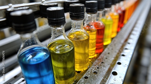 Colorful liquids in small bottles on a production line