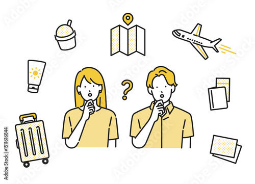 イラスト素材【旅行シーン】： 旅行のことで疑問を抱く若い男女、カップル