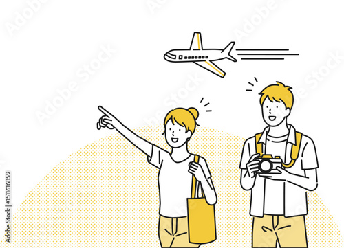 イラスト素材【旅行シーン】：飛行機を背景に観光スポットへ向かう若い男女