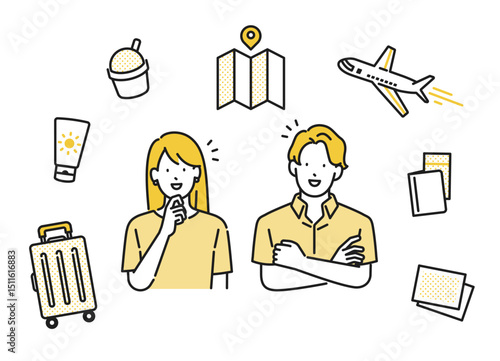 イラスト素材【旅行シーン】： 旅行計画をする若い男女、カップル
