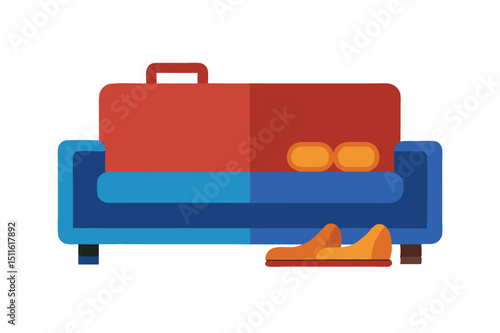 Office sofa with shoes beside and briefcase on floor workspace scene vector art illustration
