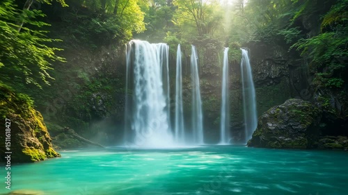 Majestic waterfall cascading into turquoise pool, surrounded by lush green foliage, serene nature escape, ideal for relaxation.