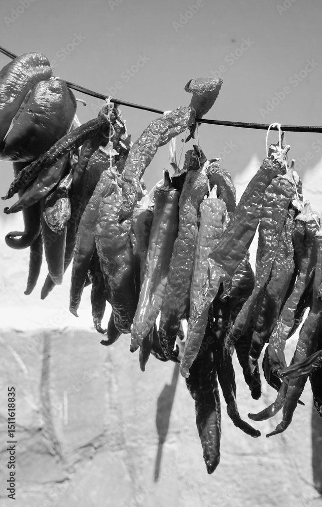 Obraz premium Dried Red Chili Peppers Hanging Outdoors Close Up Monochrome Vertical Composition