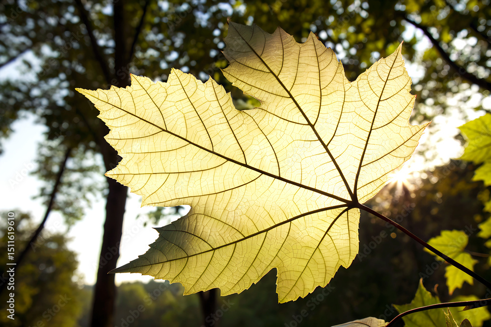 Fototapeta premium Backlit maple leaf in forest sunlight