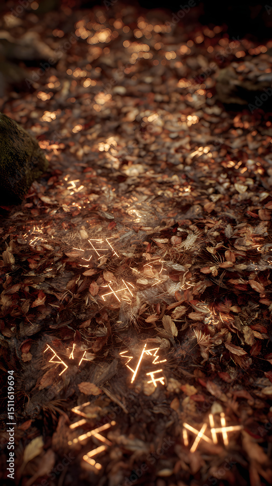 Forest floor covered with dry rustling leaves scattered around glowing carved mysterious symbols and runes
Forest floor covered with dry rustling leaves scattered around glowing carved mysterious symbols and runes
