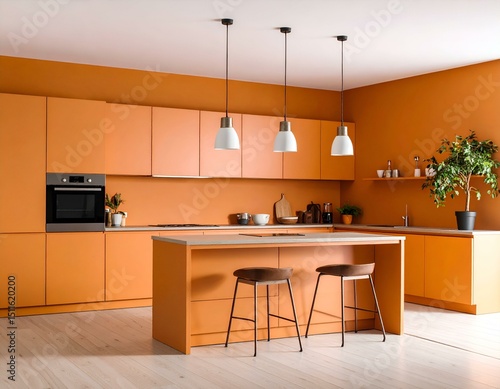 Modern orange kitchen interior design with island, bar stools, and pendant lights. Stylish and contemporary kitchen.