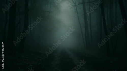 Mysterious foggy forest, dense trees shrouded in mist creating an eerie atmosphere, ideal for themes of adventure or suspense.