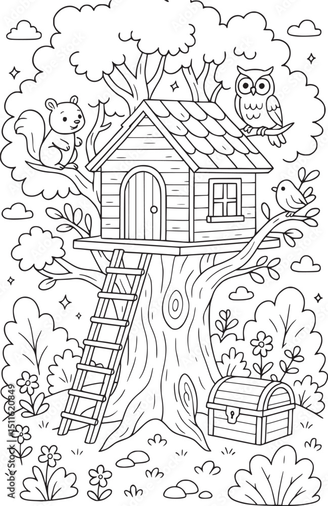 Obraz premium The Magical Treehouse Coloring Page. A secret treehouse nestled high in a giant tree, with rope ladders, hidden treasures, and animals peeking through the leaves
