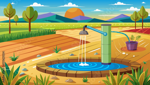 Water trickling from an irrigation well onto dry soil in a rural agricultural field, representing drought and water scarcity