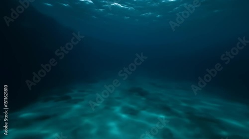 Underwater scene, dark blue depths with subtle light filtering through, creates a serene and tranquil ambiance, perfect for relaxation.