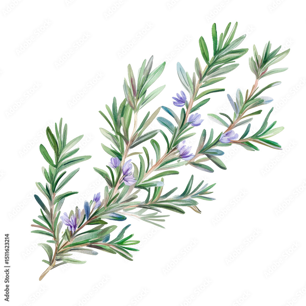 Naklejka premium Fresh rosemary sprig with delicate purple flowers captured in natural detail during daylight hours