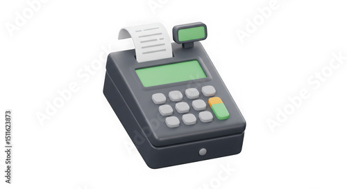 A modern 3D digital cash register icon showing receipt output, perfect for retail, business transactions, and point-of-sale systems.