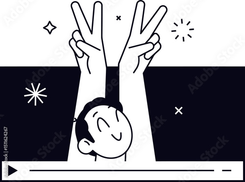 Illustration cartoon character peace sign hands up happy celebration party joy victory animation video vector art illustration