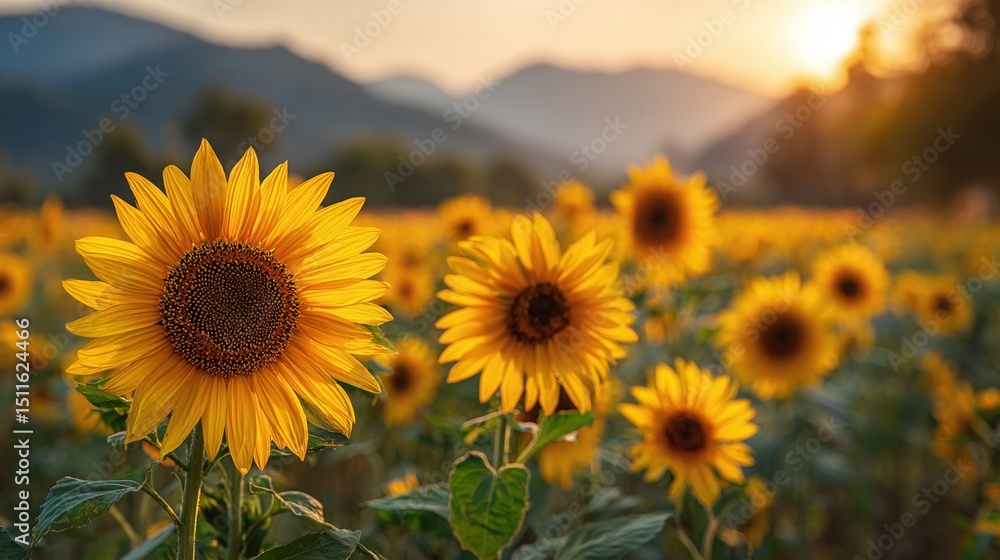 Fototapeta premium Sunflower Field at Sunset: A vibrant field of sunflowers basks in the warm glow of the setting sun, mountains in the background. Nature's beauty on display.