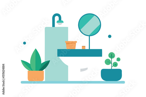 Modern bathroom with sink mirror and indoor plant decor setup vector art illustration
