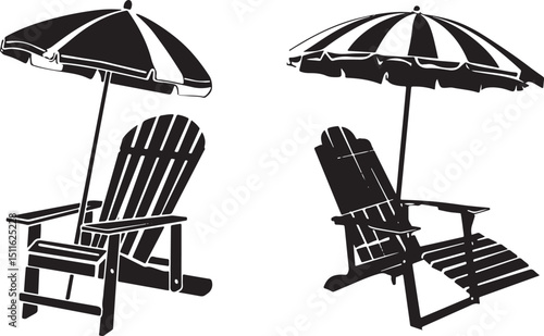 Beach Chair Vector Illustration: Two Adirondack chairs with umbrellas.