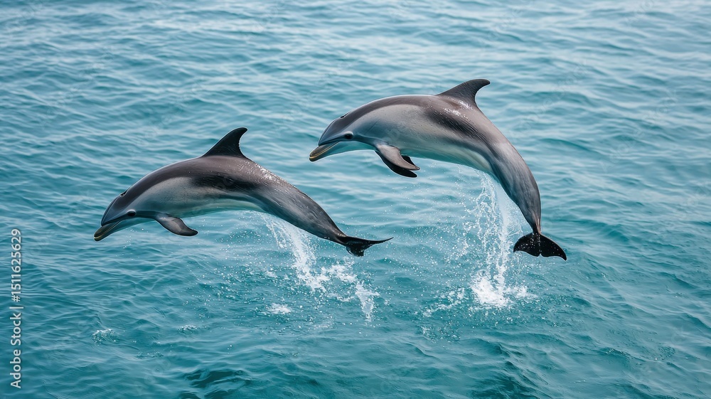 Fototapeta premium Dolphins jumping in unison pristine marine environment wildlife photography ocean view synchronization concept