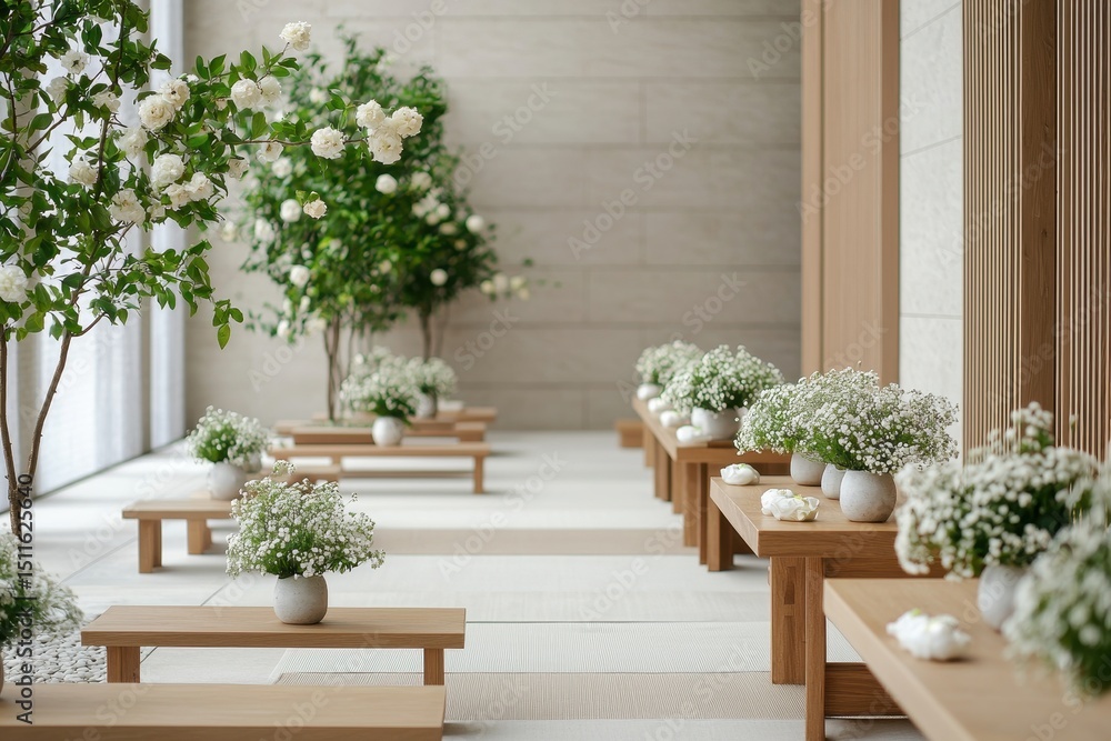 Fototapeta premium Ecochic wedding setup with minimalist floral arrangements indoor venue event design serene environment aesthetic viewpoint
