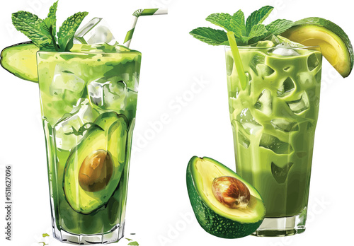 Avocado Smoothie Vector Illustration, Refreshing Drink Isolated on White Background.