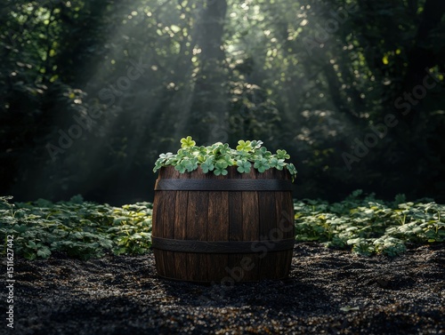 Wallpaper Mural Wooden barrel with shamrocks in a sunlit forest. Torontodigital.ca