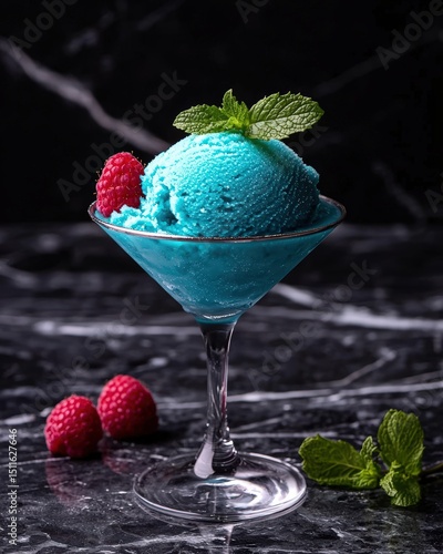 Blue raspberry ice cream in a martini glass.